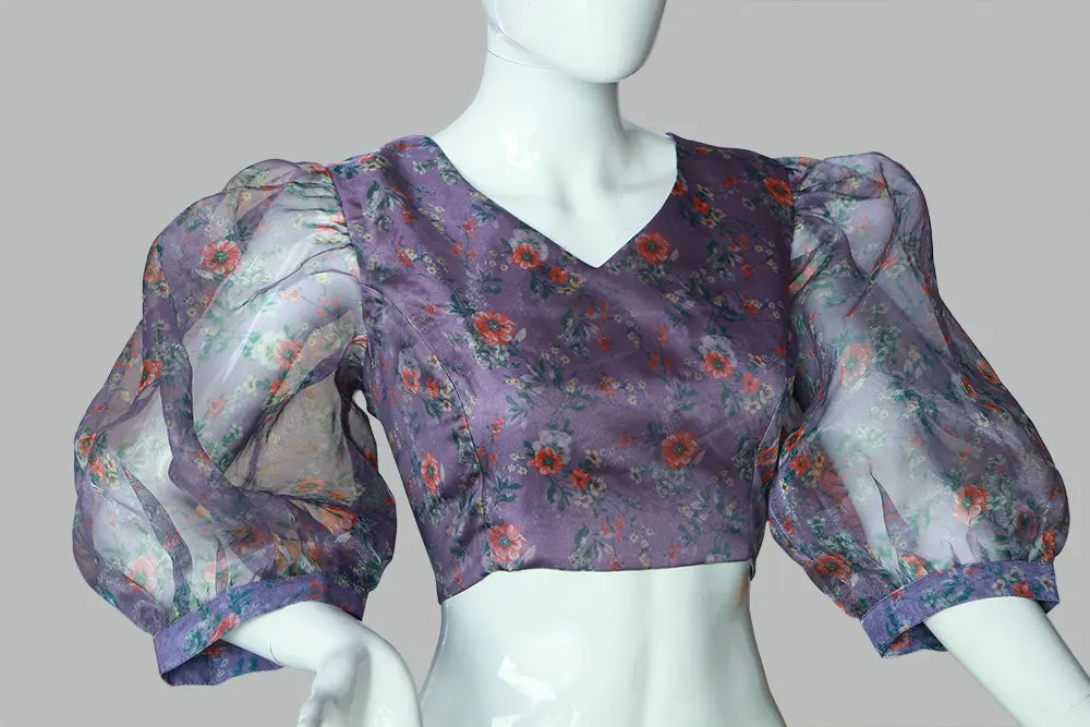 Baloon Sleeves Floral Printed Purple Organza Blouse | S3B1209