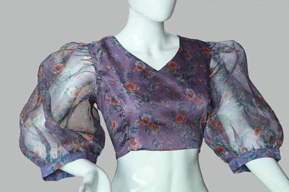 Baloon Sleeves Floral Printed Purple Organza Blouse | S3B1209