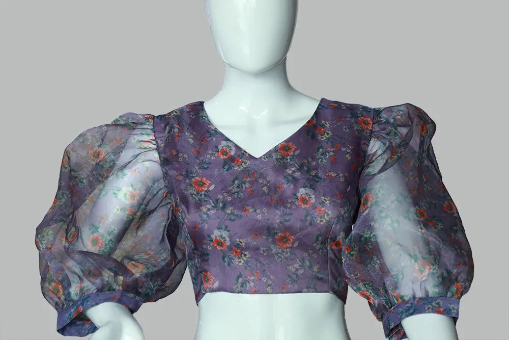 Baloon Sleeves Floral Printed Purple Organza Blouse | S3B1209