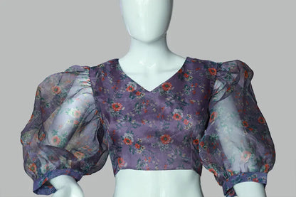 Baloon Sleeves Floral Printed Purple Organza Blouse | S3B1209
