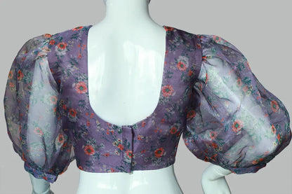 Baloon Sleeves Floral Printed Purple Organza Blouse | S3B1209