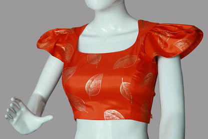 Floral Printed Orange Silk with Petal Sleeves Blouse | ORANGE