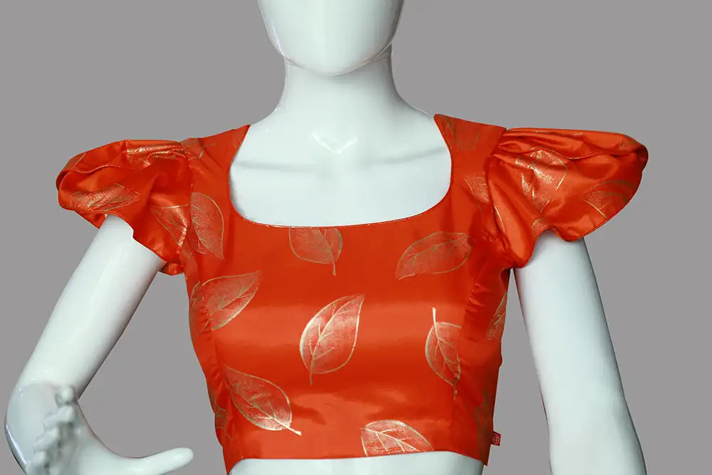 Floral Printed Orange Silk with Petal Sleeves Blouse | ORANGE