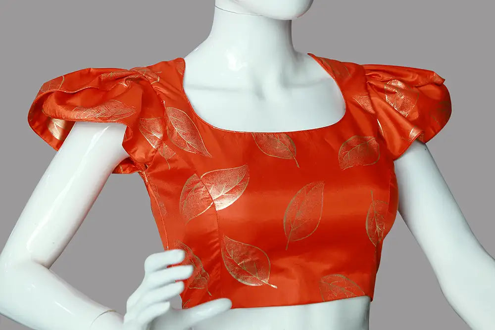 Floral Printed Orange Silk with Petal Sleeves Blouse | ORANGE
