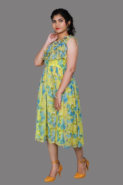 Green Floral Ruffles Sleeveless One Piece Dress | S3G1243