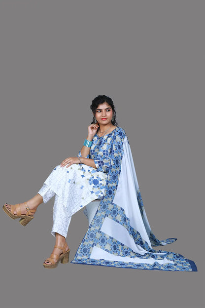 Chinan Chiffon  Round Neck with 3/4 Sleeves - Festive Kurti Set | S3SKD1001