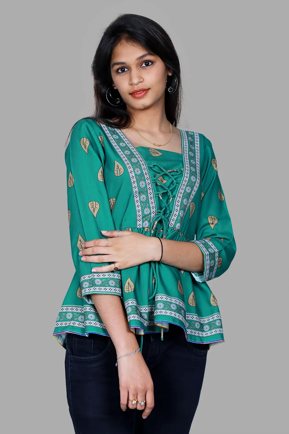 Green Printed Peplum Top | S3ST1070