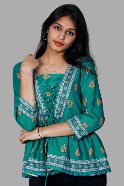 Green Printed Peplum Top | S3ST1070