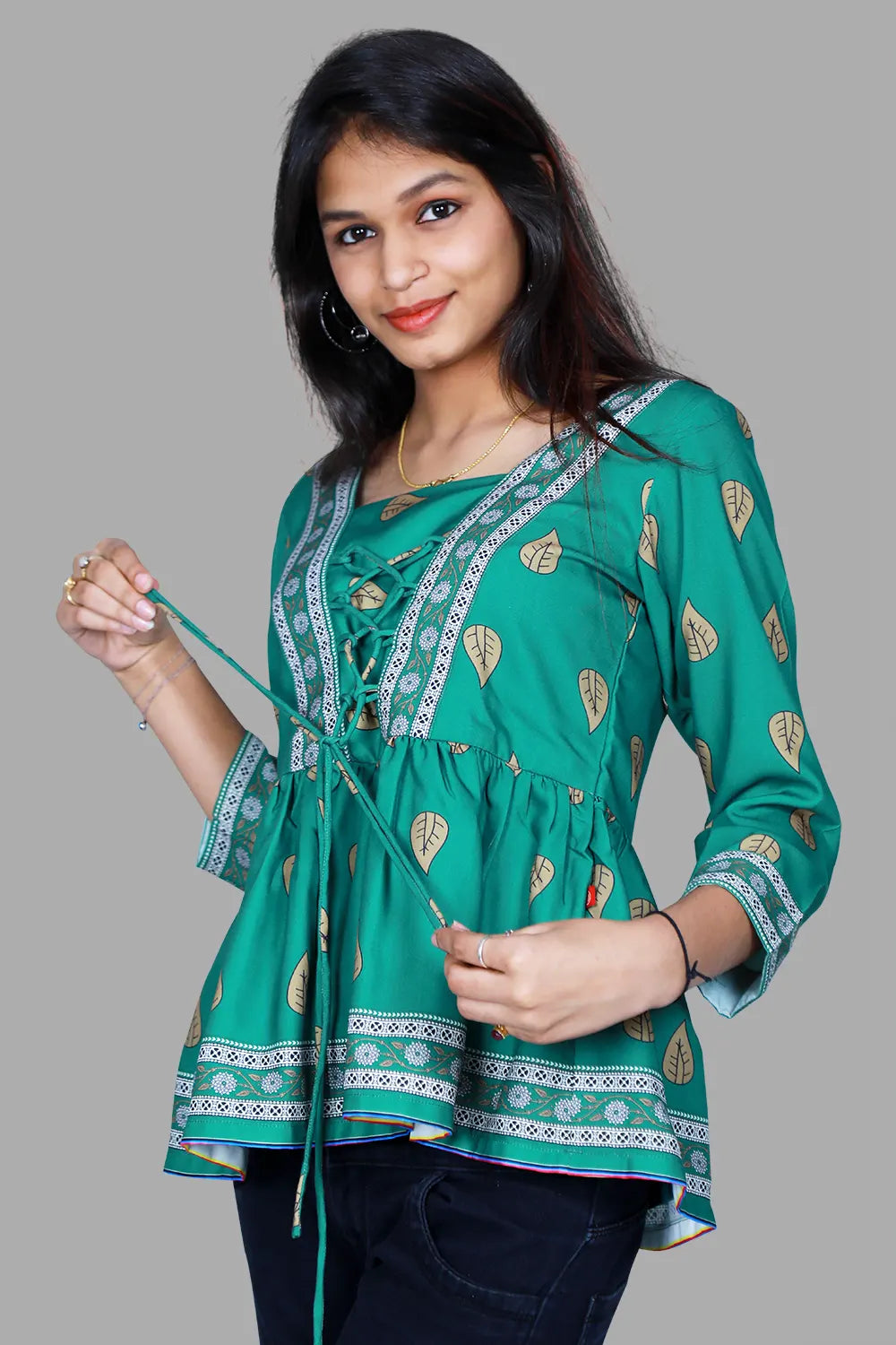 Green Printed Peplum Top | S3ST1070