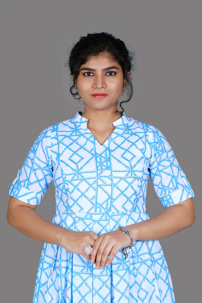White Printed Mandarin Collar Neck Gown | S3G1244