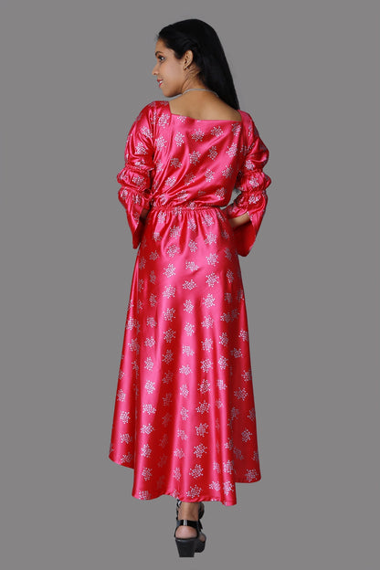 Pink Satin Clinched waist Floral Print Long Gown | S3G1098
