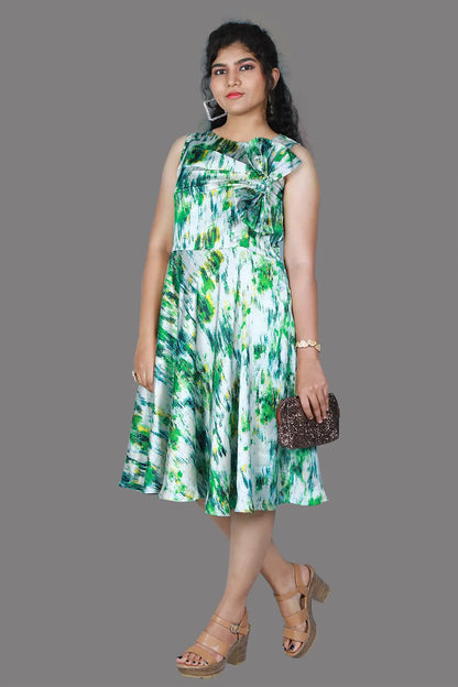 Green Abstract Printed Bow Style Draped Gown | S3G1257