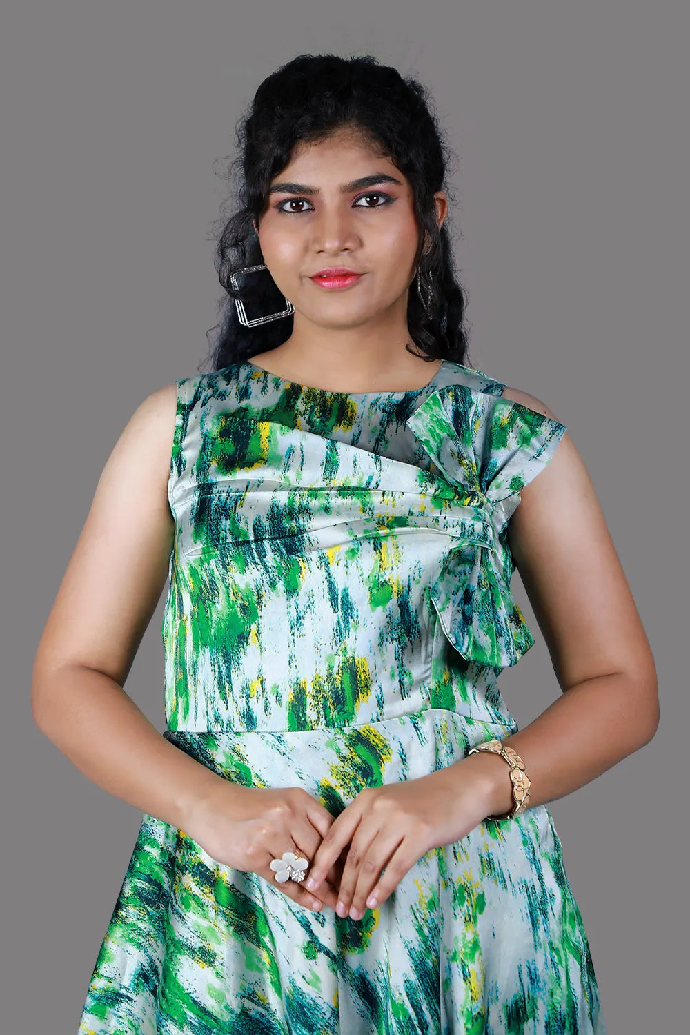 Green Abstract Printed Bow Style Draped Gown | S3G1257