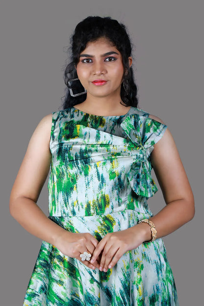 Green Abstract Printed Bow Style Draped Gown | S3G1257