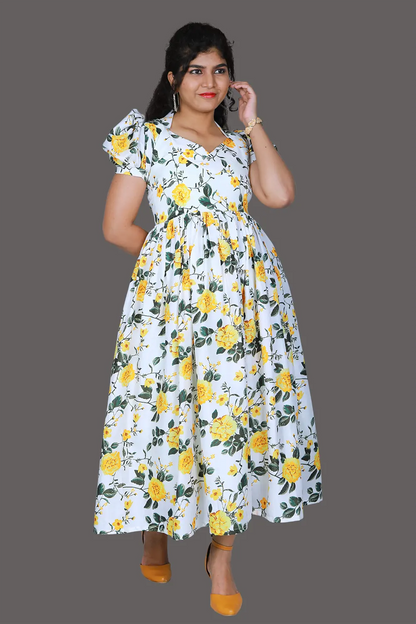 White Floral Puff Sleeves Gown | S3G1136