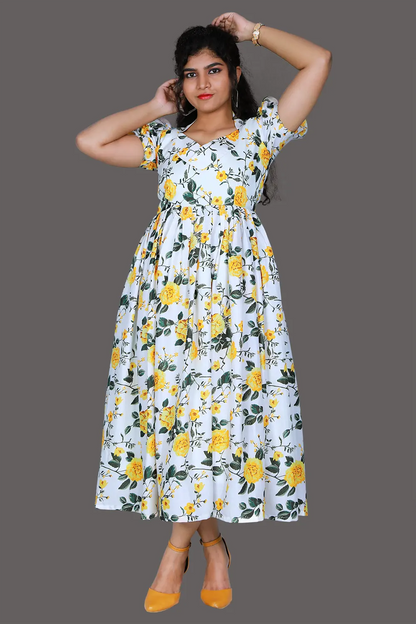 White Floral Puff Sleeves Gown | S3G1136