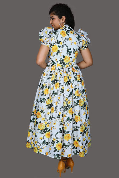 White Floral Puff Sleeves Gown | S3G1136