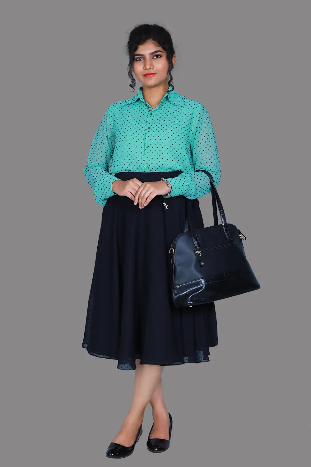 Mint Green Texture Shirt and Black Midi Skirt | S3TK1228