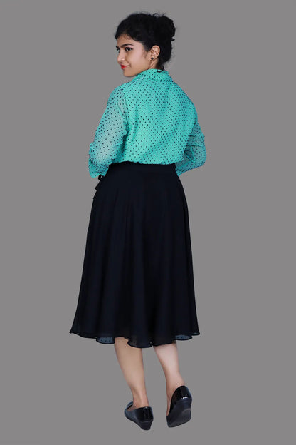Mint Green Texture Shirt and Black Midi Skirt | S3TK1228