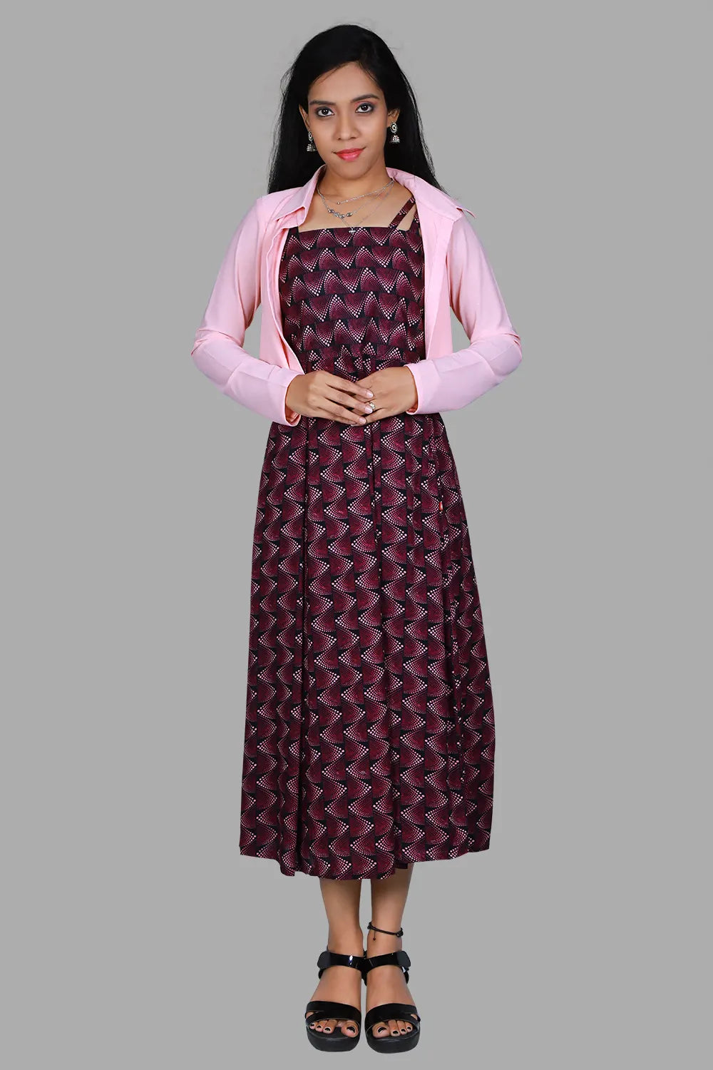Maroon Abstract Printed Sleeveless One Piece Dress with jacket S3D028