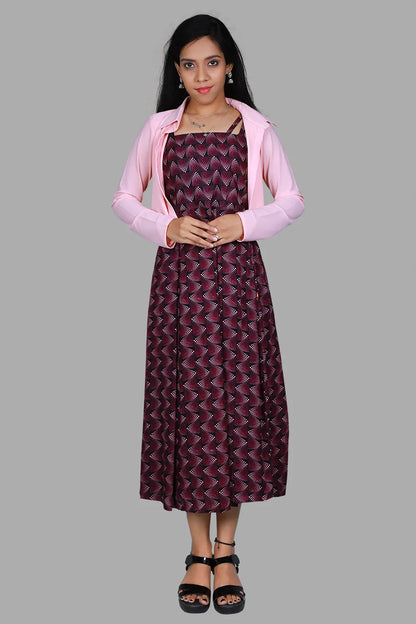 Maroon Abstract Printed Sleeveless One Piece Dress with jacket S3D02 S3 Fashions