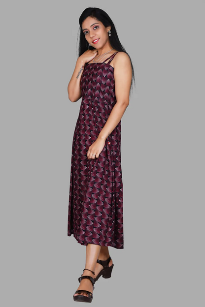 Maroon Abstract Printed Sleeveless One Piece Dress with jacket | S3D028