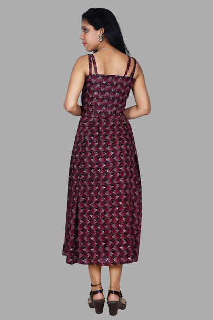 Maroon Abstract Printed Sleeveless One Piece Dress with jacket | S3D028