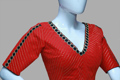 Red V Neck Zari Lines Design Blouse | S3B1221