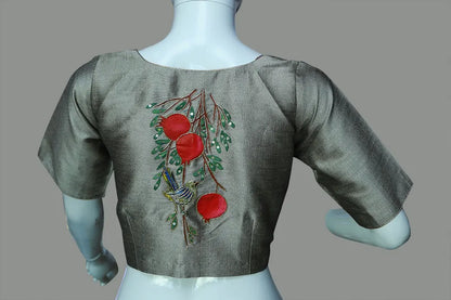 Artistic Handcrafted Blouse Adorned with Bluebird and Pomegranate Tree Paintings and Maggam Work | S3B1262