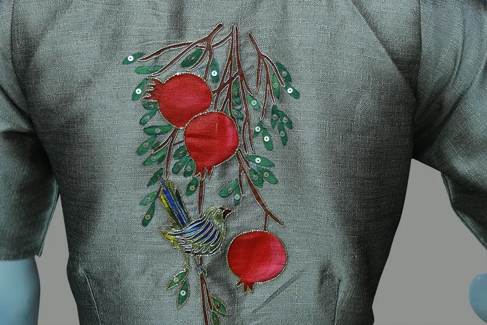 Artistic Handcrafted Blouse Adorned with Bluebird and Pomegranate Tree Paintings and Maggam Work | S3B1262