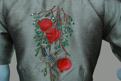 Artistic Handcrafted Blouse Adorned with Bluebird and Pomegranate Tree Paintings and Maggam Work | S3B1262