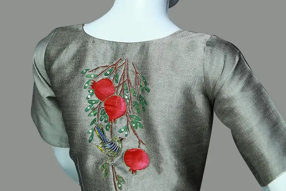 Artistic Handcrafted Blouse Adorned with Bluebird and Pomegranate Tree Paintings and Maggam Work | S3B1262