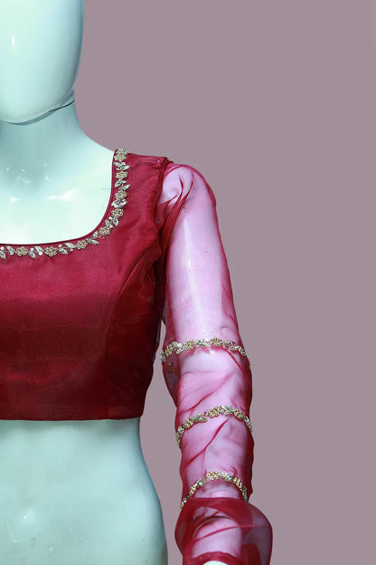 Maroon Organza Maggam Work Blouse | S3B1259