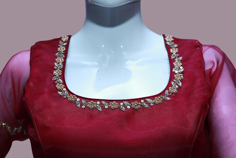 Maroon Organza Maggam Work Blouse | S3B1259