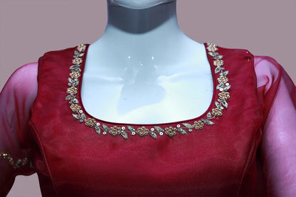 Maroon Organza Maggam Work Blouse | S3B1259