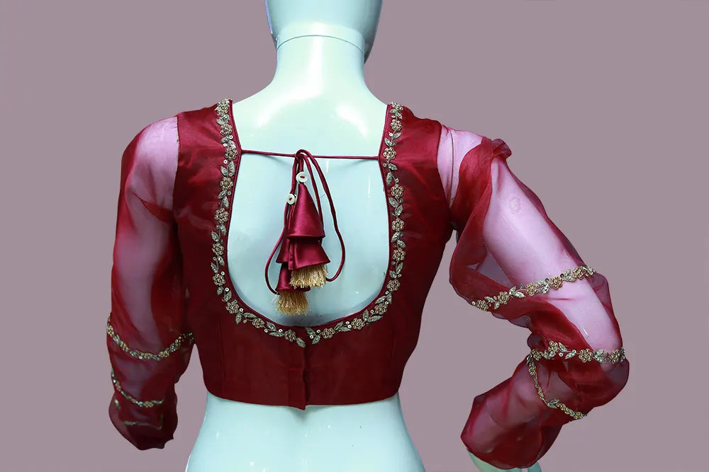 Maroon Organza Maggam Work Blouse | S3B1259