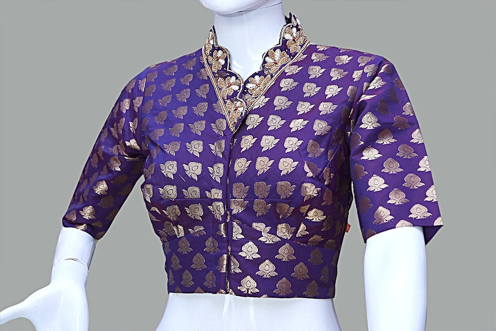 Blue Banarasi Brocade with Heavy Maggam Work On Collar Neck Blouse | Blue Banarasi