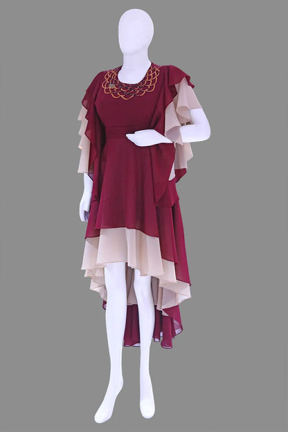Biege&Maroon Panelled High Low One Piece Dress | Beige&Maroon