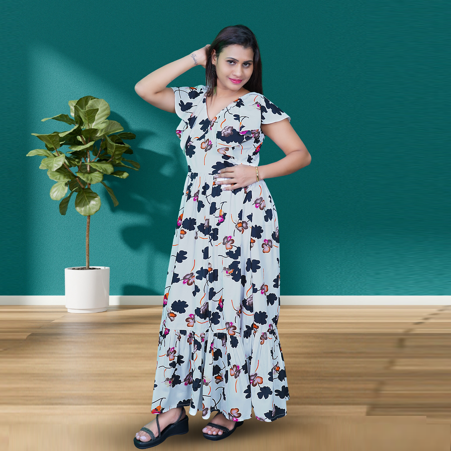 Women White & Black Floral Print Layered Flared Maxi Dress