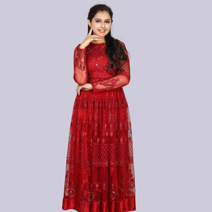 Red netted sequin gown