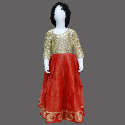 Gold & Red Pattu Baby Girl Dress | Gold & Red