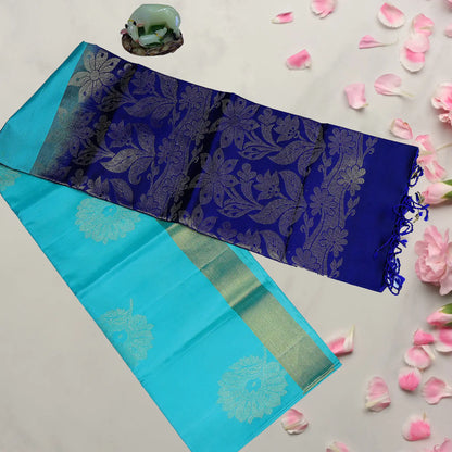 Cyan Color Pattu Saree With Royal Blue Pallu Designer Saree