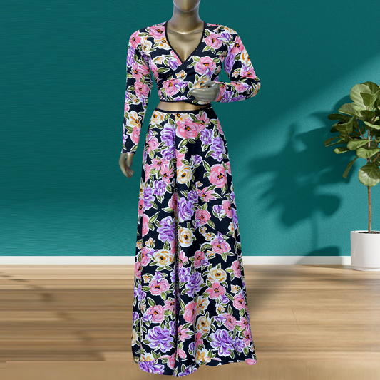 Long sleeves Conservative Dress, Flower Print Frill Dress