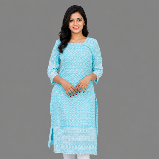 Women’s Blue Chikan Embroidery A-Line Kurta – Elegant Ethnic Wear | S3K638