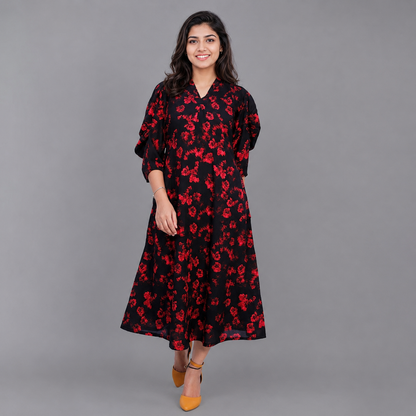 Women Black & Red Floral Print A-Line Kurta | S3K622