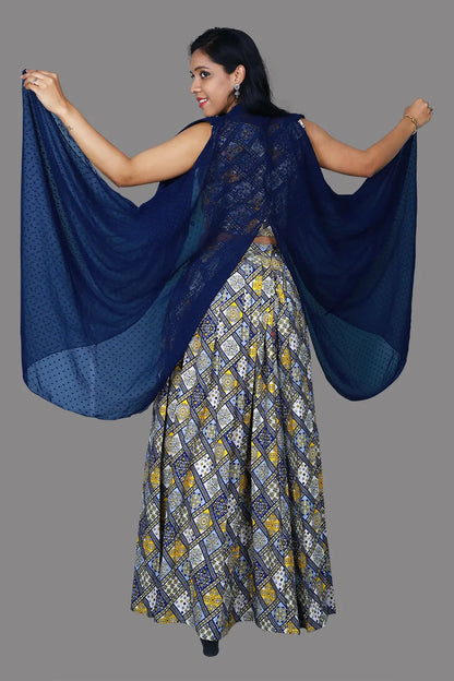 Women's Navy Blue Printed Straight Top with Skirt and Shrug | S3SBL1219