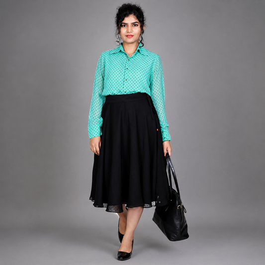 Mint Green Texture Shirt and Black Midi Skirt | S3TK1228