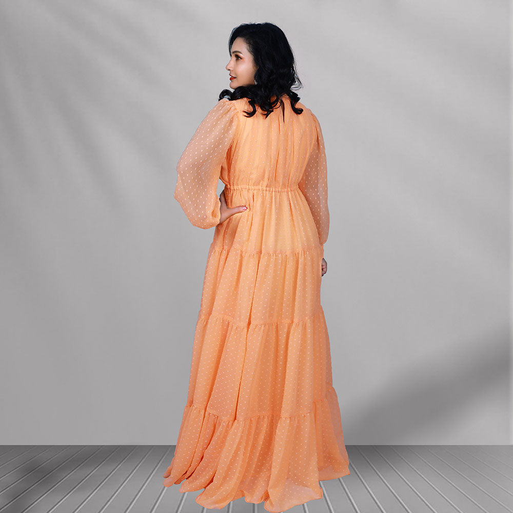 Orange Gathered Balloon Sleeves Maxi Gown | S3G1288