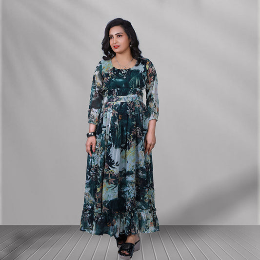 Green floral printed western gown