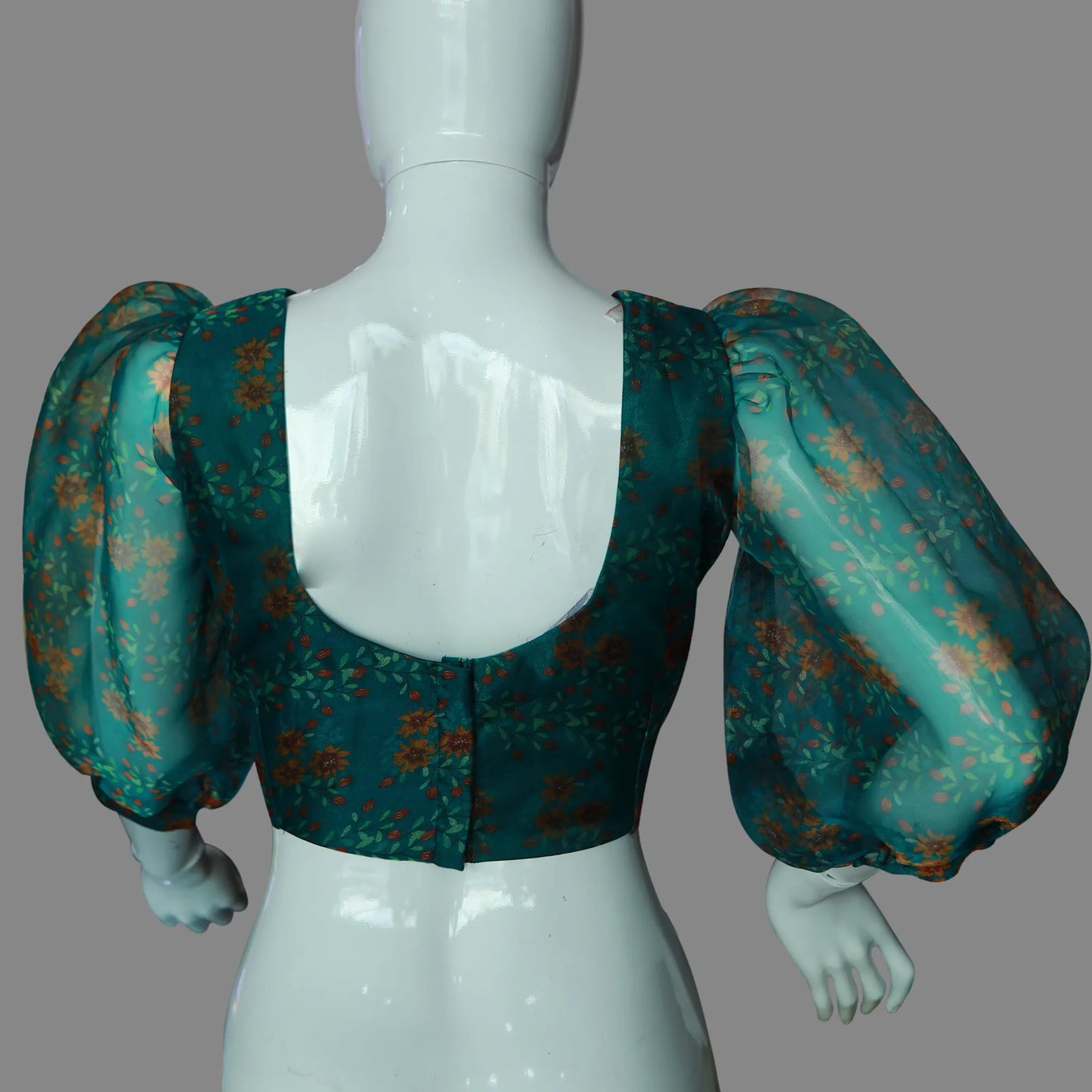 Bottle Green Organza Floral Print Puffy Sleeves Blouse | S3B1209A